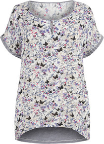 Butterfly Print Top - occasions: casual; length: standard; style: top; neckline: peep hole neckline; fibres: polyester/polyamide - 100%; fit: loose; back detail: longer hem at back than at front; predominant colour: multicoloured; sleeve length: short sleeve; sleeve style: standard; pattern type: fabric; pattern size: small & busy; pattern: patterned/print; texture group: jersey - stretchy/drapey
