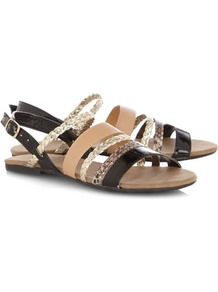 Multistrap Sandals - occasions: casual, holiday; predominant colour: multicoloured; material: faux leather; heel height: flat; embellishment: buckles; ankle detail: ankle strap; heel: standard; toe: open toe/peeptoe; style: strappy; trends: metallics; finish: plain; pattern: colourblock