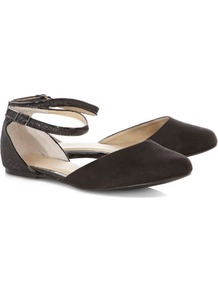 Black Glitter Two Part Sandals - predominant colour: black; occasions: casual; material: fabric; heel height: flat; ankle detail: ankle strap; toe: round toe; style: ballerinas / pumps; finish: plain; pattern: plain