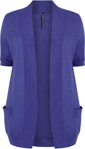 Purple Slub Cardigan - pattern: plain; length: below the bottom; hip detail: front pockets at hip; neckline: collarless open; style: open front; predominant colour: indigo; occasions: casual, work; fibres: cotton - 100%; fit: loose; sleeve length: short sleeve; sleeve style: standard; texture group: knits/crochet; pattern type: knitted - fine stitch; pattern size: standard