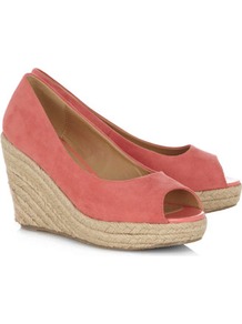 Coral High Espadrille Wedges - predominant colour: coral; occasions: casual, evening, holiday; material: fabric; heel height: high; heel: wedge; toe: open toe/peeptoe; style: courts; finish: plain; pattern: plain