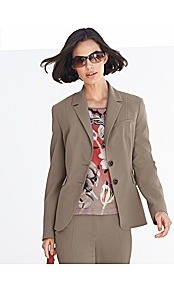Suit Jacket - pattern: plain; style: single breasted blazer; collar: standard lapel/rever collar; predominant colour: stone; occasions: casual, evening, work; length: standard; fit: tailored/fitted; fibres: polyester/polyamide - 100%; sleeve length: long sleeve; sleeve style: standard; texture group: cotton feel fabrics; collar break: medium; pattern type: fabric; pattern size: standard