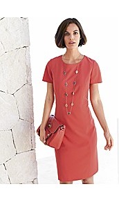 Shift Dress - style: shift; neckline: round neck; fit: tailored/fitted; pattern: plain; predominant colour: coral; occasions: casual, evening, work, occasion; length: just above the knee; fibres: polyester/polyamide - mix; sleeve length: short sleeve; sleeve style: standard; trends: glamorous day shifts; pattern type: fabric; pattern size: standard; texture group: jersey - stretchy/drapey