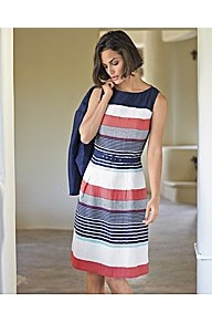 Multi Stripe Dress - style: shift; neckline: round neck; sleeve style: sleeveless; pattern: striped; waist detail: twist front waist detail/nipped in at waist on one side/soft pleats/draping/ruching/gathering waist detail; occasions: casual, work; length: just above the knee; fit: fitted at waist & bust; fibres: linen - mix; predominant colour: multicoloured; sleeve length: sleeveless; texture group: cotton feel fabrics; trends: glamorous day shifts; pattern type: fabric; pattern size: standard
