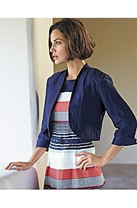 Linen Crop Jacket - pattern: plain; style: single breasted blazer; length: cropped; collar: standard lapel/rever collar; predominant colour: navy; occasions: casual, work; fit: straight cut (boxy); fibres: linen - mix; sleeve length: 3/4 length; sleeve style: standard; texture group: structured shiny - satin/tafetta/silk etc.; collar break: low/open; pattern type: fabric; pattern size: standard