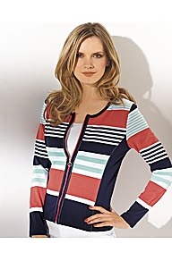 Multi Stripe Zip Jumper - neckline: round neck; pattern: horizontal stripes; style: standard; bust detail: buttons at bust (in middle at breastbone)/zip detail at bust; occasions: casual; length: standard; fibres: cotton - stretch; fit: slim fit; predominant colour: multicoloured; sleeve length: long sleeve; sleeve style: standard; trends: statement prints; pattern type: fabric; pattern size: standard; texture group: jersey - stretchy/drapey