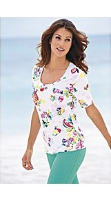 White Base Fruit Top - style: t-shirt; predominant colour: white; occasions: casual, work, holiday; length: standard; neckline: scoop; fibres: cotton - 100%; fit: body skimming; sleeve length: short sleeve; sleeve style: standard; pattern type: fabric; pattern size: big & busy; pattern: patterned/print; texture group: jersey - stretchy/drapey