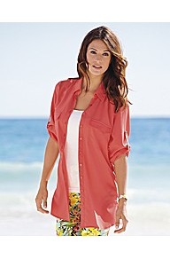 3/4 Sleeve Over Shirt - neckline: shirt collar/peter pan/zip with opening; pattern: plain; length: below the bottom; style: shirt; bust detail: pocket detail at bust; predominant colour: coral; occasions: casual, work, holiday; fibres: polyester/polyamide - 100%; fit: loose; sleeve length: 3/4 length; sleeve style: standard; texture group: silky - light; pattern type: fabric; pattern size: standard