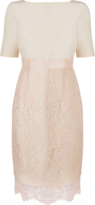 Charis Crepe And Lace Dress, Champagne - style: shift; neckline: slash/boat neckline; fit: fitted at waist; waist detail: fitted waist; predominant colour: blush; occasions: evening, occasion; length: on the knee; fibres: polyester/polyamide - 100%; hip detail: contrast fabric/print detail at hip; sleeve length: half sleeve; sleeve style: standard; texture group: lace; trends: glamorous day shifts; pattern type: fabric; pattern size: standard; pattern: patterned/print