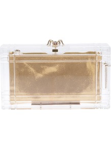 'Pandora' Box Clutch - predominant colour: gold; occasions: evening, occasion, holiday; type of pattern: light; style: clutch; length: hand carry; size: standard; material: plastic/rubber; pattern: plain; trends: metallics; finish: metallic; embellishment: chain/metal