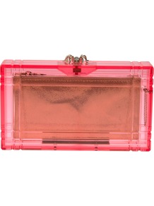 'Pandora' Box Clutch - predominant colour: pink; occasions: evening, occasion, holiday; type of pattern: light; style: clutch; length: hand carry; size: standard; material: plastic/rubber; pattern: plain; trends: fluorescent; finish: fluorescent; embellishment: chain/metal