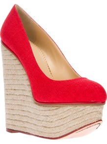 'Carmen' Espadrille Wedge - predominant colour: true red; occasions: casual, holiday; material: fabric; heel height: high; heel: wedge; toe: round toe; style: courts; finish: plain; pattern: plain