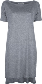 T Shirt Dress - style: t-shirt; neckline: slash/boat neckline; pattern: plain; bust detail: pocket detail at bust; predominant colour: mid grey; occasions: casual; length: just above the knee; fit: body skimming; fibres: polyester/polyamide - 100%; back detail: longer hem at back than at front; sleeve length: short sleeve; sleeve style: standard; pattern type: fabric; pattern size: standard; texture group: jersey - stretchy/drapey