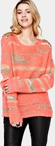 Veto Embellished Jumper, Pink - neckline: round neck; pattern: plain; style: standard; hip detail: fitted at hip; predominant colour: coral; occasions: casual; length: standard; fibres: acrylic - mix; fit: standard fit; shoulder detail: added shoulder detail; sleeve length: long sleeve; sleeve style: standard; texture group: knits/crochet; trends: metallics; pattern type: knitted - other; pattern size: small & light; embellishment: beading