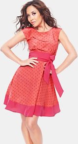 Spotty Dress, Coral - neckline: round neck; sleeve style: capped; style: full skirt; pattern: polka dot; waist detail: belted waist/tie at waist/drawstring; predominant colour: coral; occasions: casual, evening, occasion; length: just above the knee; fit: fitted at waist & bust; fibres: polyester/polyamide - mix; hip detail: structured pleats at hip; sleeve length: sleeveless; texture group: sheer fabrics/chiffon/organza etc.; pattern type: fabric; pattern size: small & busy