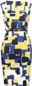 Women's Geometric Bold Printed Summer Shift Wedding Guest Dress - style: shift; neckline: slash/boat neckline; fit: tailored/fitted; sleeve style: sleeveless; waist detail: belted waist/tie at waist/drawstring; predominant colour: yellow; occasions: work, occasion; length: just above the knee; fibres: cotton - stretch; sleeve length: sleeveless; pattern type: fabric; pattern size: standard; pattern: patterned/print; texture group: jersey - stretchy/drapey