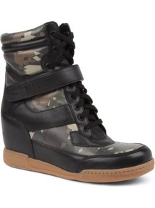 Kisha Camouflage Wedge Trainers - predominant colour: black; occasions: casual; material: leather; heel height: mid; embellishment: studs; heel: wedge; toe: round toe; boot length: ankle boot; style: high top; trends: sporty redux; finish: plain; pattern: patterned/print
