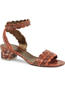 Frenzy Snake Effect Leather Sandals - predominant colour: bright orange; occasions: casual, evening, work, occasion, holiday; material: leather; heel height: mid; ankle detail: ankle strap; heel: block; toe: open toe/peeptoe; style: standard; finish: plain; pattern: animal print