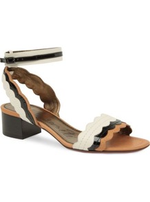 Frenzy Scalloped Leather Sandals - occasions: casual, evening, work, occasion, holiday; predominant colour: multicoloured; material: leather; heel height: mid; ankle detail: ankle strap; heel: block; toe: open toe/peeptoe; style: standard; finish: plain; pattern: colourblock