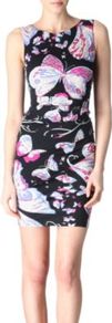 Butterfly Dress - length: mid thigh; neckline: round neck; fit: tight; sleeve style: sleeveless; style: bodycon; waist detail: fitted waist; hip detail: fitted at hip; predominant colour: black; occasions: evening, occasion; fibres: silk - mix; sleeve length: sleeveless; texture group: jersey - clingy; trends: statement prints; pattern type: fabric; pattern size: big & busy; pattern: patterned/print