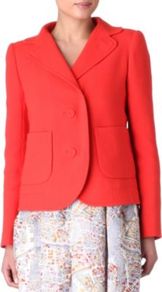 Crepe Blazer - pattern: plain; style: single breasted blazer; collar: standard lapel/rever collar; predominant colour: coral; occasions: casual, work, occasion; length: standard; fit: tailored/fitted; back detail: back vent/flap at back; sleeve length: long sleeve; sleeve style: standard; texture group: crepes; collar break: medium; pattern type: fabric; pattern size: standard; fibres: viscose/rayon - mix