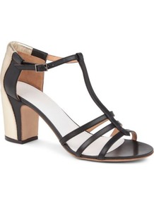 Mgm Leather Sandals - predominant colour: black; occasions: evening, work, occasion, holiday; material: leather; heel height: mid; ankle detail: ankle strap; heel: block; toe: open toe/peeptoe; style: strappy; trends: metallics; finish: plain; pattern: colourblock