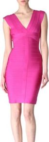 Bandage Dress - neckline: low v-neck; fit: tight; pattern: plain; sleeve style: sleeveless; style: bodycon; predominant colour: hot pink; occasions: evening, occasion; length: just above the knee; fibres: viscose/rayon - stretch; sleeve length: sleeveless; trends: fluorescent; pattern type: fabric; pattern size: standard; texture group: other - stretchy