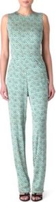 Printed Jumpsuit - length: standard; sleeve style: sleeveless; predominant colour: pistachio; occasions: evening, occasion, holiday; fit: body skimming; fibres: silk - 100%; neckline: crew; sleeve length: sleeveless; trends: statement prints; style: jumpsuit; pattern type: fabric; pattern size: small & busy; pattern: patterned/print; texture group: other - light to midweight