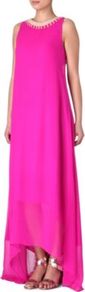 Silk Chiffon Maxi Dress - fit: loose; pattern: plain; sleeve style: sleeveless; style: maxi dress; length: ankle length; bust detail: added detail/embellishment at bust; predominant colour: hot pink; occasions: evening, occasion; fibres: silk - 100%; neckline: crew; sleeve length: sleeveless; texture group: silky - light; pattern type: fabric; pattern size: standard; embellishment: embroidered