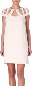 Achava Dress - style: shift; length: mid thigh; sleeve style: capped; pattern: plain; bust detail: added detail/embellishment at bust; back detail: low cut/open back; predominant colour: blush; occasions: evening, occasion, holiday; fit: straight cut; neckline: peep hole neckline; fibres: polyester/polyamide - mix; shoulder detail: cut out shoulder; sleeve length: short sleeve; texture group: crepes; pattern type: fabric; pattern size: standard