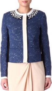 Jamie Tweed Jacket - pattern: plain; collar: round collar/collarless; style: boxy; predominant colour: navy; occasions: casual, evening, work, occasion; length: standard; fit: straight cut (boxy); fibres: cotton - mix; shoulder detail: added shoulder detail; sleeve length: long sleeve; sleeve style: standard; collar break: high; pattern type: fabric; pattern size: standard; texture group: tweed - light/midweight; embellishment: beading