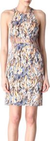 Abstract Print Dress - style: shift; sleeve style: sleeveless; waist detail: fitted waist; back detail: racer back/sports back; predominant colour: bright orange; occasions: evening, occasion; length: just above the knee; fit: body skimming; fibres: silk - 100%; neckline: crew; sleeve length: sleeveless; texture group: silky - light; trends: modern geometrics; pattern type: fabric; pattern size: big & busy; pattern: patterned/print