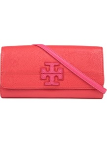 Stacked T Clutch - predominant colour: true red; occasions: evening, occasion; type of pattern: light; style: clutch; length: hand carry; size: small; material: leather; embellishment: applique; pattern: monogram; finish: plain