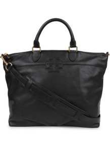 Stacked T Satchel - predominant colour: black; occasions: casual, work; type of pattern: standard; style: tote; length: handle; size: oversized; material: leather; pattern: plain; finish: plain