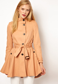 Dipped Hem Skater Mac - pattern: plain; length: below the bottom; style: mac; collar: high neck; hip detail: flared at hip; predominant colour: nude; occasions: casual, evening, work, occasion; fit: tailored/fitted; fibres: cotton - stretch; waist detail: belted waist/tie at waist/drawstring; sleeve length: long sleeve; sleeve style: standard; texture group: cotton feel fabrics; collar break: high; pattern type: fabric