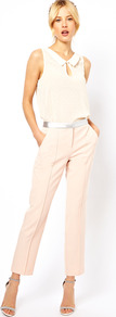 Trousers With Metallic Waistband - pattern: plain; waist detail: embellishment at waist/feature waistband; pocket detail: pockets at the sides; waist: mid/regular rise; predominant colour: nude; occasions: evening, work; length: ankle length; fibres: polyester/polyamide - stretch; texture group: cotton feel fabrics; trends: tuxedo; fit: straight leg; pattern type: fabric; style: standard