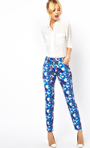 Trousers In Bold Floral Print - waist detail: fitted waist; pocket detail: pockets at the sides; waist: mid/regular rise; predominant colour: royal blue; secondary colour: stone; occasions: evening, work, holiday; length: ankle length; fibres: cotton - stretch; hip detail: fitted at hip (bottoms); texture group: cotton feel fabrics; trends: high impact florals; fit: slim leg; pattern type: fabric; pattern size: big & busy; pattern: florals; style: standard