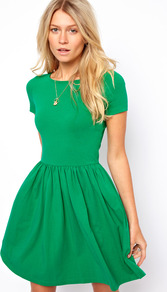 Skater Dress With Slash Neck And Short Sleeves. - pattern: plain; waist detail: fitted waist; predominant colour: emerald green; occasions: casual, evening, work, holiday; length: just above the knee; fit: fitted at waist & bust; style: fit & flare; fibres: cotton - stretch; neckline: crew; hip detail: ruching/gathering at hip; sleeve length: short sleeve; sleeve style: standard; pattern type: fabric; texture group: jersey - stretchy/drapey