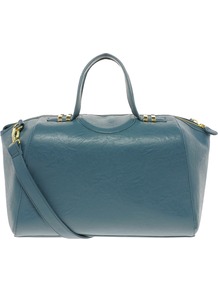 Bowler Bag With Metal Keepers - predominant colour: dark green; occasions: casual, work, holiday; type of pattern: standard; style: bowling; length: handle; size: oversized; material: faux leather; embellishment: zips; pattern: plain; finish: plain