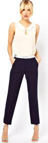 Trousers With Metallic Waistband - pattern: plain; waist detail: embellishment at waist/feature waistband; pocket detail: pockets at the sides; waist: mid/regular rise; predominant colour: navy; secondary colour: silver; occasions: evening, work, holiday; length: ankle length; fibres: polyester/polyamide - stretch; hip detail: fitted at hip (bottoms); texture group: crepes; fit: slim leg; pattern type: fabric; style: standard