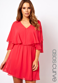 Curve Dress With Cape - style: shift; neckline: v-neck; sleeve style: angel/waterfall; fit: fitted at waist; pattern: plain; waist detail: twist front waist detail/nipped in at waist on one side/soft pleats/draping/ruching/gathering waist detail; predominant colour: coral; occasions: evening, occasion; length: just above the knee; fibres: polyester/polyamide - 100%; sleeve length: half sleeve; texture group: sheer fabrics/chiffon/organza etc.; bust detail: tiers/frills/bulky drapes/pleats; hip detail: ruffles/tiers/tie detail at hip; pattern type: fabric