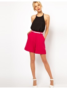 Shorts In Premium Crepe - pattern: plain; style: shorts; waist: high rise; pocket detail: pockets at the sides; waist detail: belted waist/tie at waist/drawstring; length: mid thigh shorts; predominant colour: hot pink; occasions: casual, evening, work, holiday; fibres: polyester/polyamide - stretch; texture group: crepes; fit: straight leg; pattern type: fabric; pattern size: standard