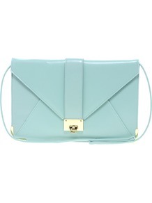 Clutch Bag With Strap And Fitting - predominant colour: pale blue; secondary colour: gold; occasions: evening, occasion, holiday; type of pattern: light; style: clutch; length: hand carry; size: standard; material: faux leather; pattern: plain; finish: patent; embellishment: chain/metal