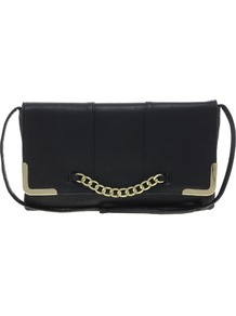 Clutch Bag With Chain Detail - secondary colour: gold; predominant colour: black; occasions: evening, occasion; type of pattern: light; style: clutch; length: hand carry; size: standard; material: faux leather; pattern: plain; finish: metallic; embellishment: chain/metal