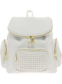 Backpack Bag With Zips And Punchout Detail - predominant colour: white; secondary colour: gold; occasions: casual, work, holiday; type of pattern: light; style: rucksack; length: rucksack; size: standard; material: faux leather; embellishment: zips; pattern: plain; trends: sporty redux; finish: plain