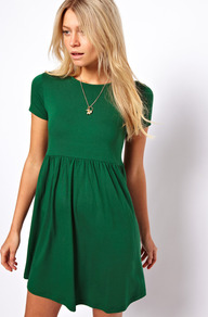 Smock Dress With Short Sleeves. - length: mid thigh; pattern: plain; predominant colour: emerald green; occasions: casual, evening; fit: fitted at waist & bust; style: fit & flare; fibres: viscose/rayon - stretch; neckline: crew; hip detail: soft pleats at hip/draping at hip/flared at hip; sleeve length: short sleeve; sleeve style: standard; pattern type: fabric; texture group: jersey - stretchy/drapey