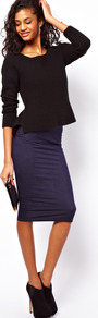 Pencil Skirt In Denim Look - length: below the knee; pattern: plain; fit: tight; waist detail: elasticated waist; waist: mid/regular rise; predominant colour: navy; occasions: casual, evening; fibres: cotton - stretch; style: tube; texture group: jersey - clingy; pattern type: fabric