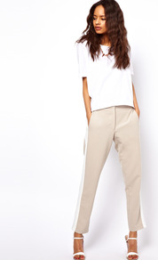 Trousers With Colour Block Side Seam - waist: mid/regular rise; secondary colour: white; predominant colour: stone; occasions: casual, evening, occasion; length: ankle length; fibres: polyester/polyamide - stretch; texture group: crepes; trends: sporty redux, tuxedo; fit: slim leg; pattern type: fabric; pattern size: big & light; pattern: colourblock; style: standard