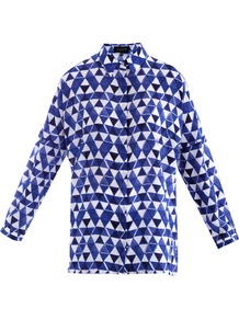 Dusky Block Print Shirt - neckline: shirt collar/peter pan/zip with opening; style: shirt; predominant colour: royal blue; occasions: casual, evening, work, holiday; length: standard; fibres: silk - 100%; fit: straight cut; sleeve length: long sleeve; sleeve style: standard; texture group: silky - light; trends: modern geometrics; pattern type: fabric; pattern size: small & busy; pattern: patterned/print