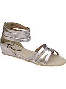 Ravel Lucinda Leather Sandal - predominant colour: silver; occasions: casual, evening, holiday; material: leather; heel height: mid; embellishment: zips; ankle detail: ankle strap; heel: wedge; toe: open toe/peeptoe; style: strappy; trends: metallics; finish: metallic; pattern: plain